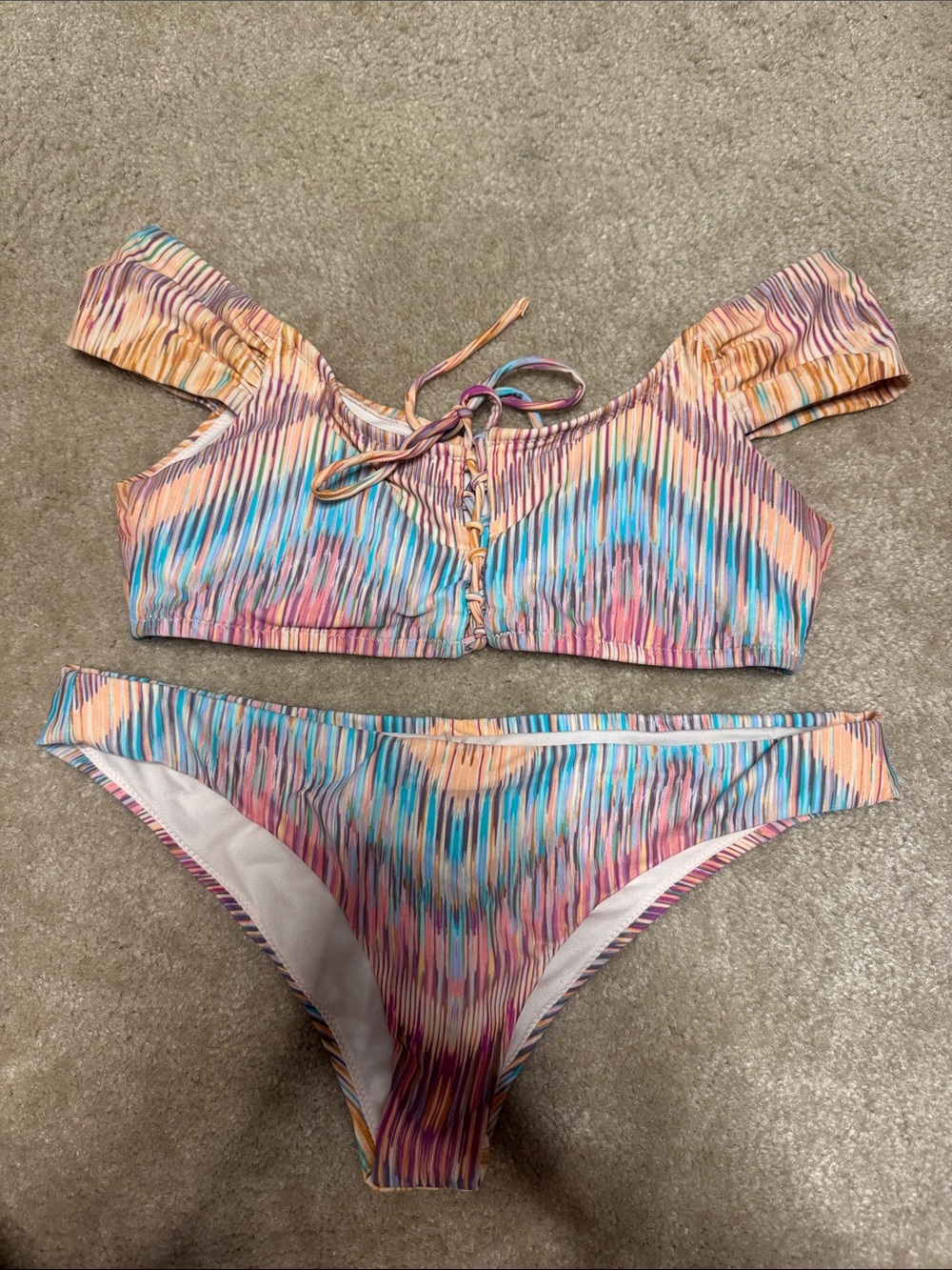 Multicolor Striped Bikini Set - Pink Blue Peach